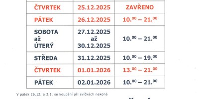 Vánoční provozní doba bazénu, sauny a solné jeskyně 
